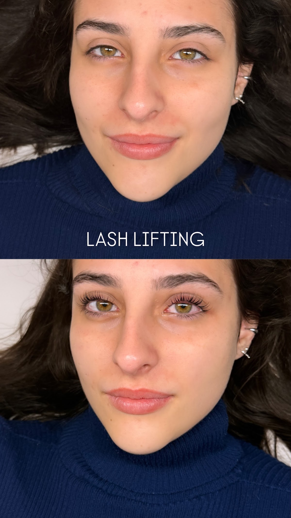 Antes e depois de lash lifting, trabalho do studio